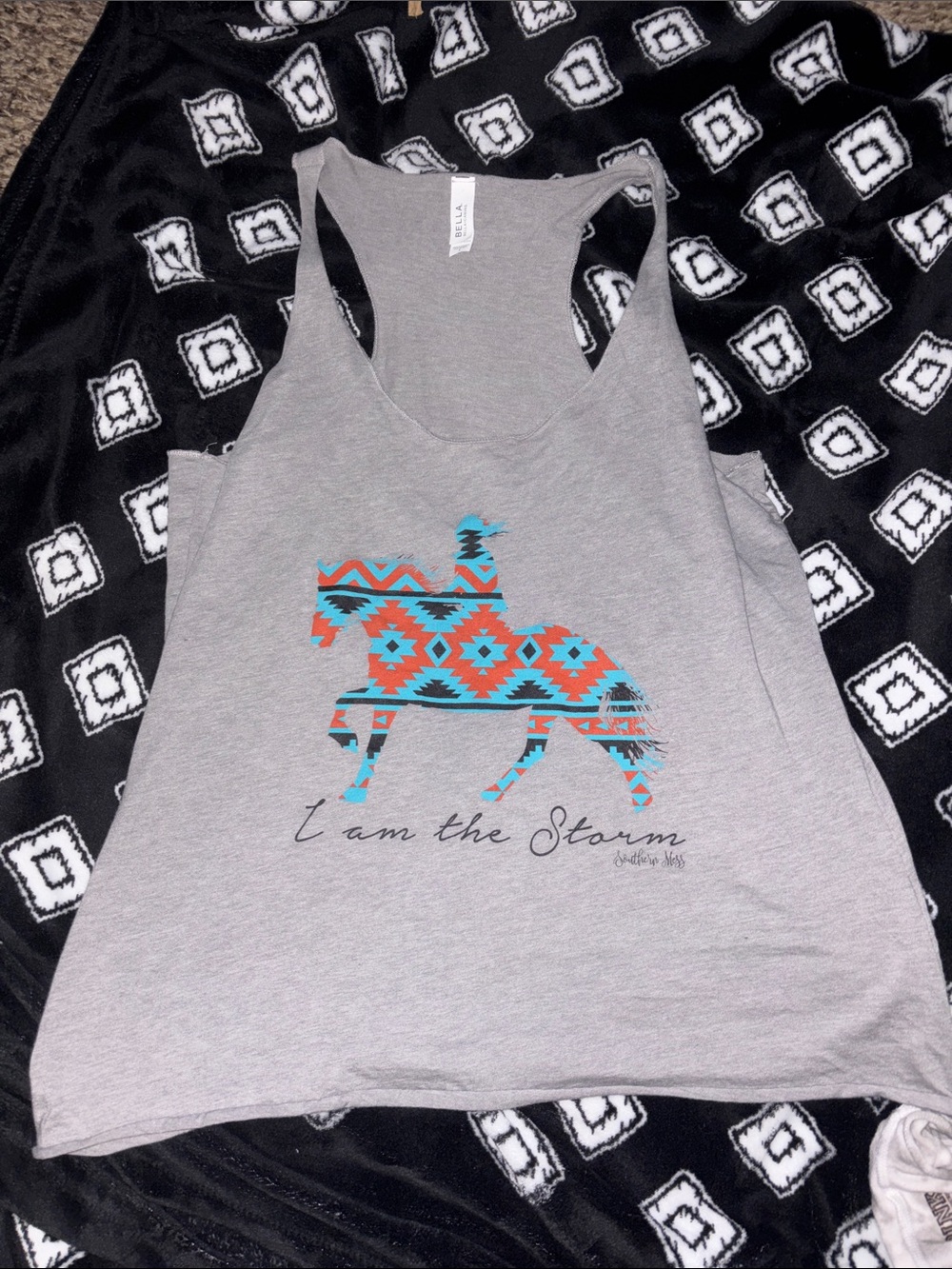 Bella Canvas Gray Tank Top with Turquoise & Orange Aztec Horse Graphic